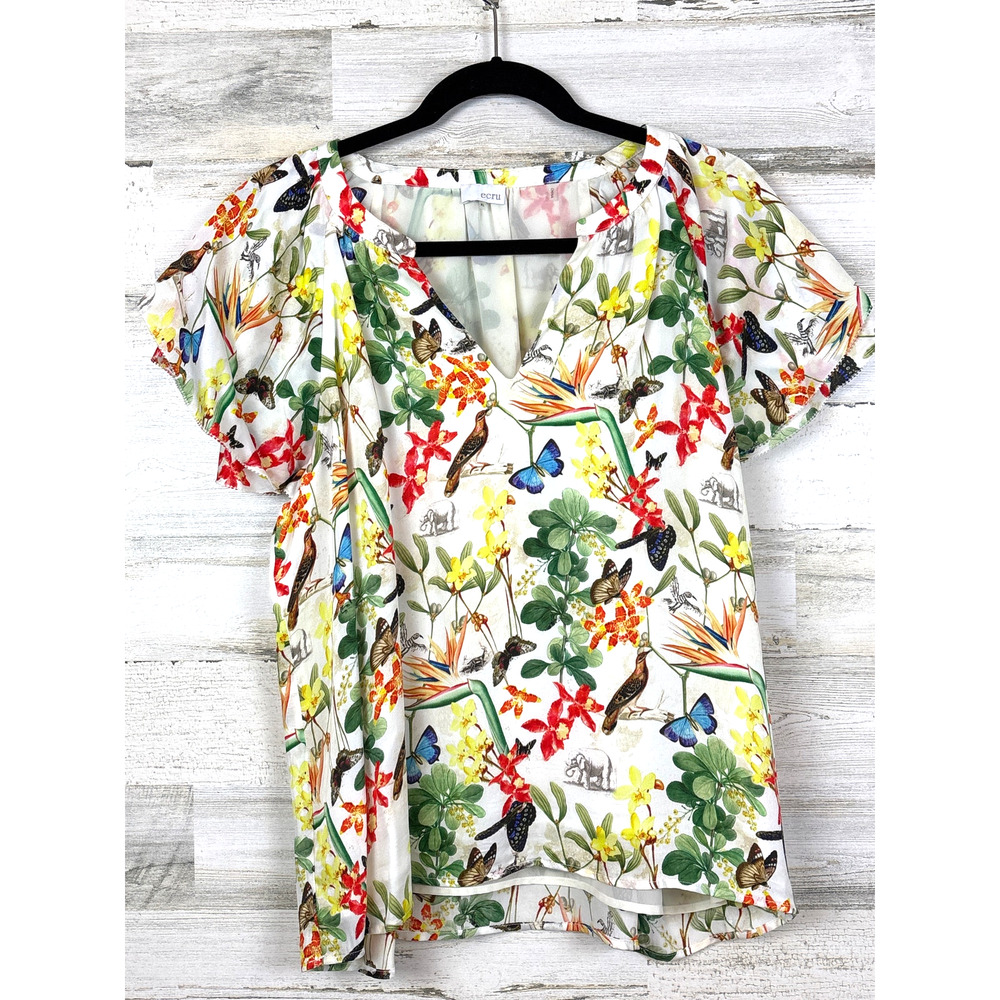 ECRU Womens XL Multicolor Floral Butterfly Lightweight Pullover Blouse NEW